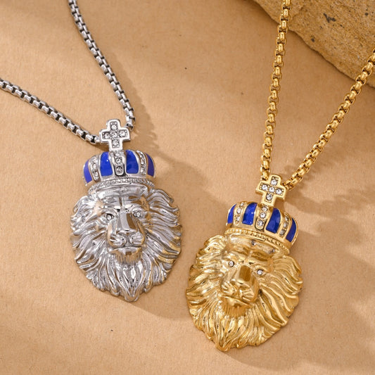 Kemston Crown Lion Pendant Necklace for Men Stainless Steel Blue Enamel Vintage Style TN1239