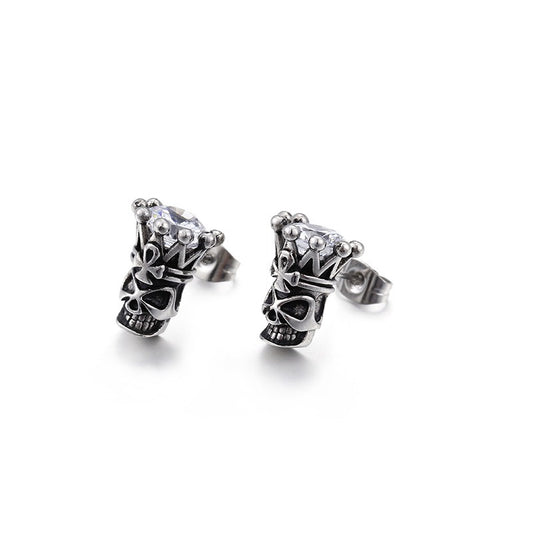 Kemstone Crowned Skull Cubic Zirconia Stud Earrings for Men – Titanium Steel Vintage Silver KE71702