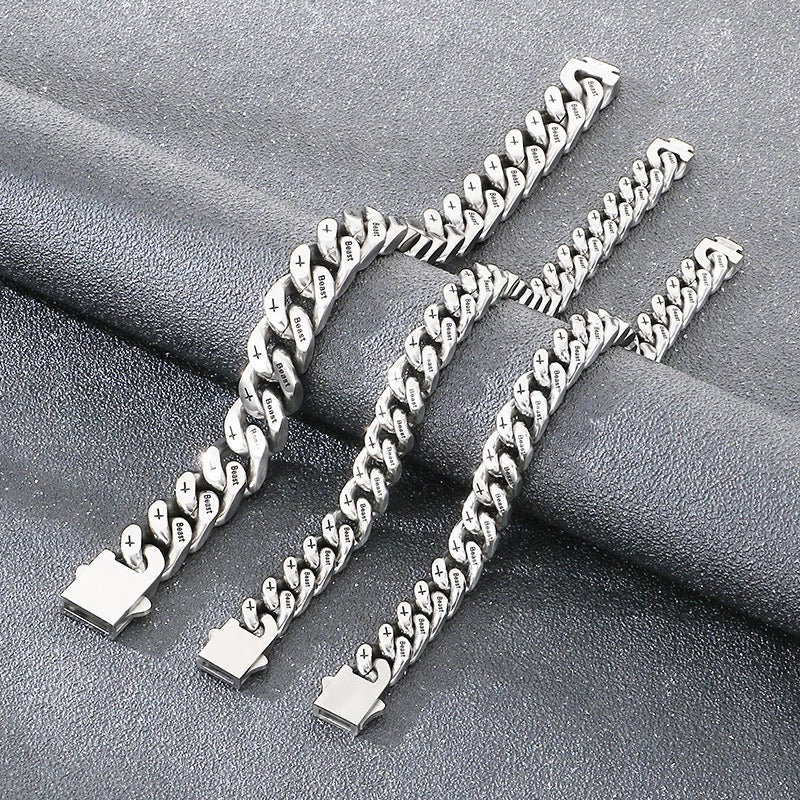 Kemstone Cuban Link Bracelet for Men Titanium Steel Cross Engraved Wide Chain Heavy Chunky Silver KB211839-ZCG