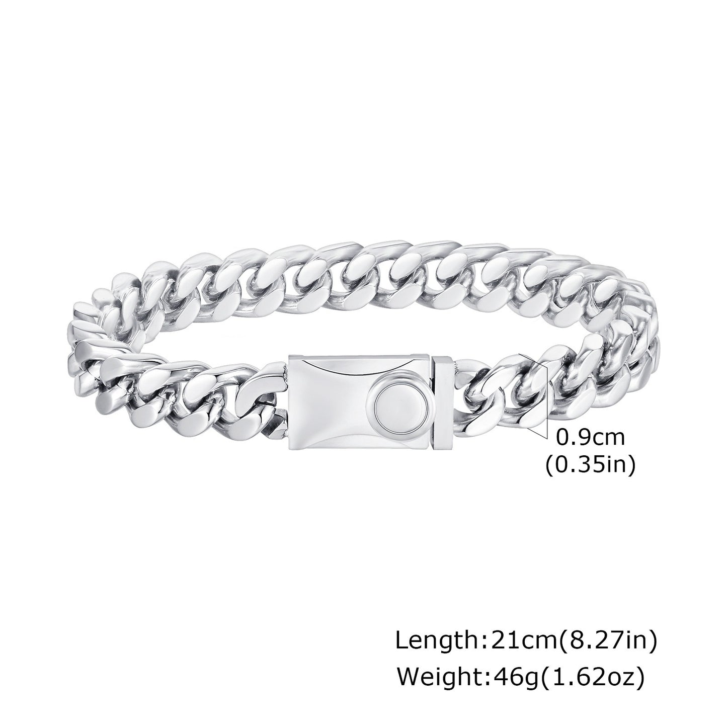 Kemstone Stainless Steel Cuban Link Bracelet for Men Button Clasp Silver BR-2141S