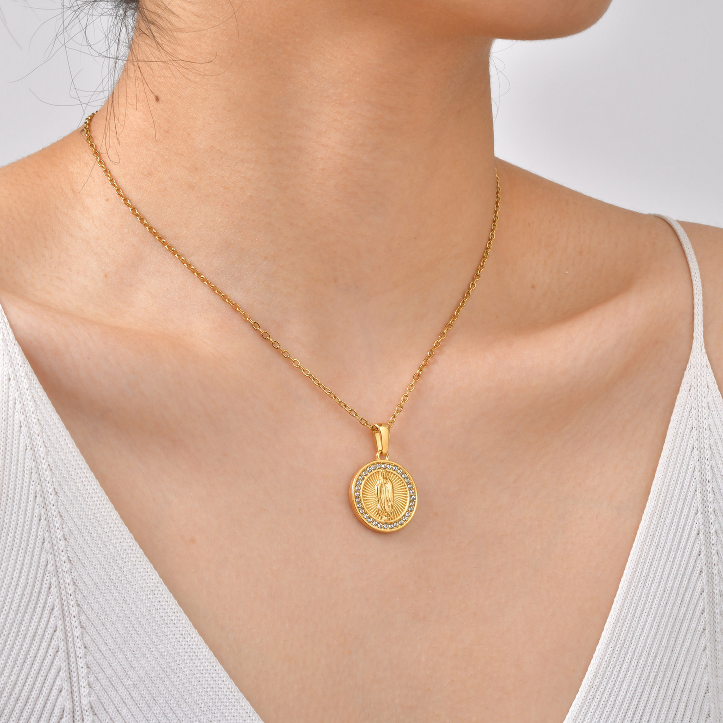 Kemstone Round Coin Pendant Necklace Gold Plated Stainless Steel Cubic Zirconia Medallion for Men Women PN-2339