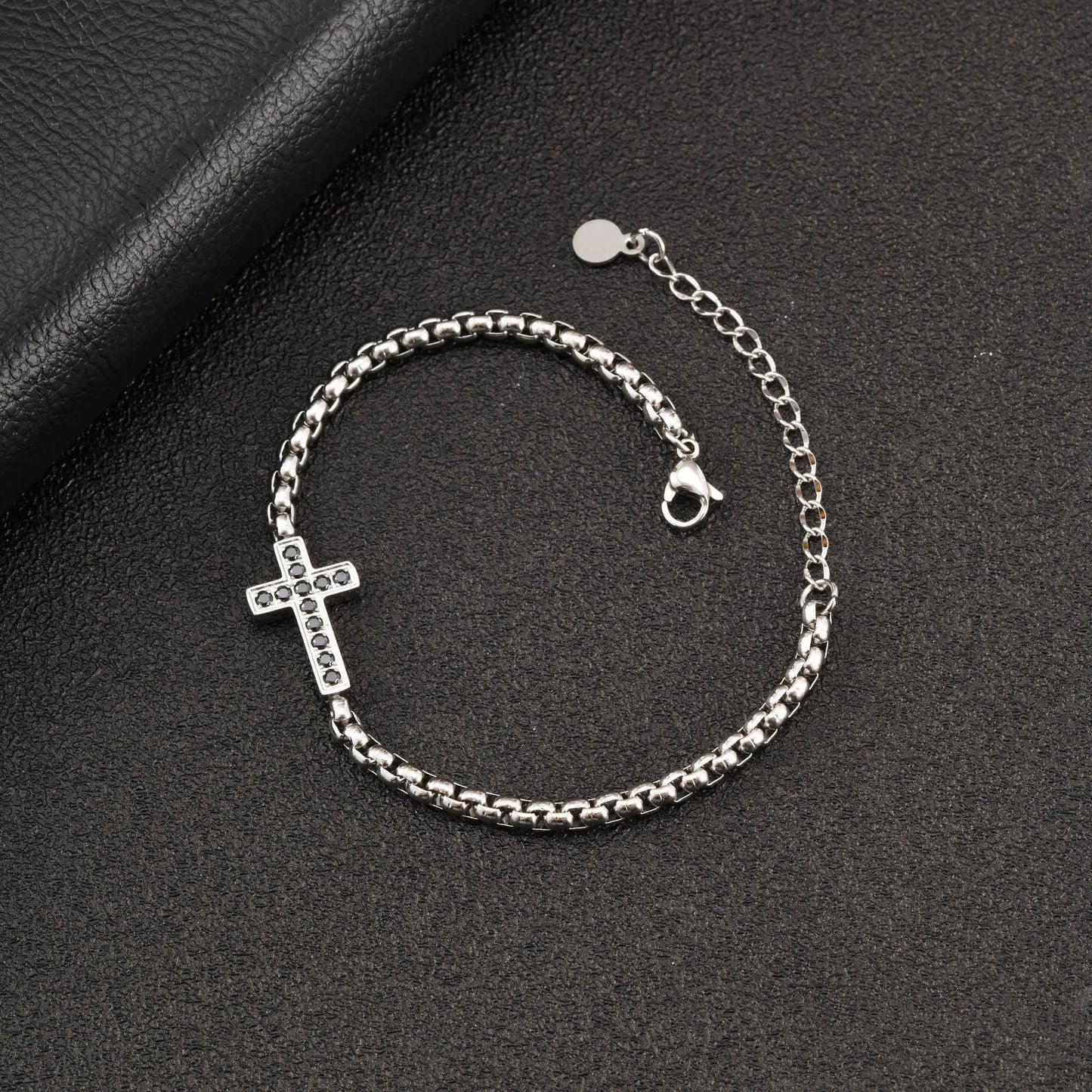 Kemstone Stainless Steel Cross Bracelet for Men Black Cubic Zirconia Box Chain BR-2766