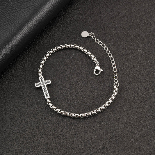 Kemstone Stainless Steel Cross Bracelet for Men Black Cubic Zirconia Box Chain BR-2766