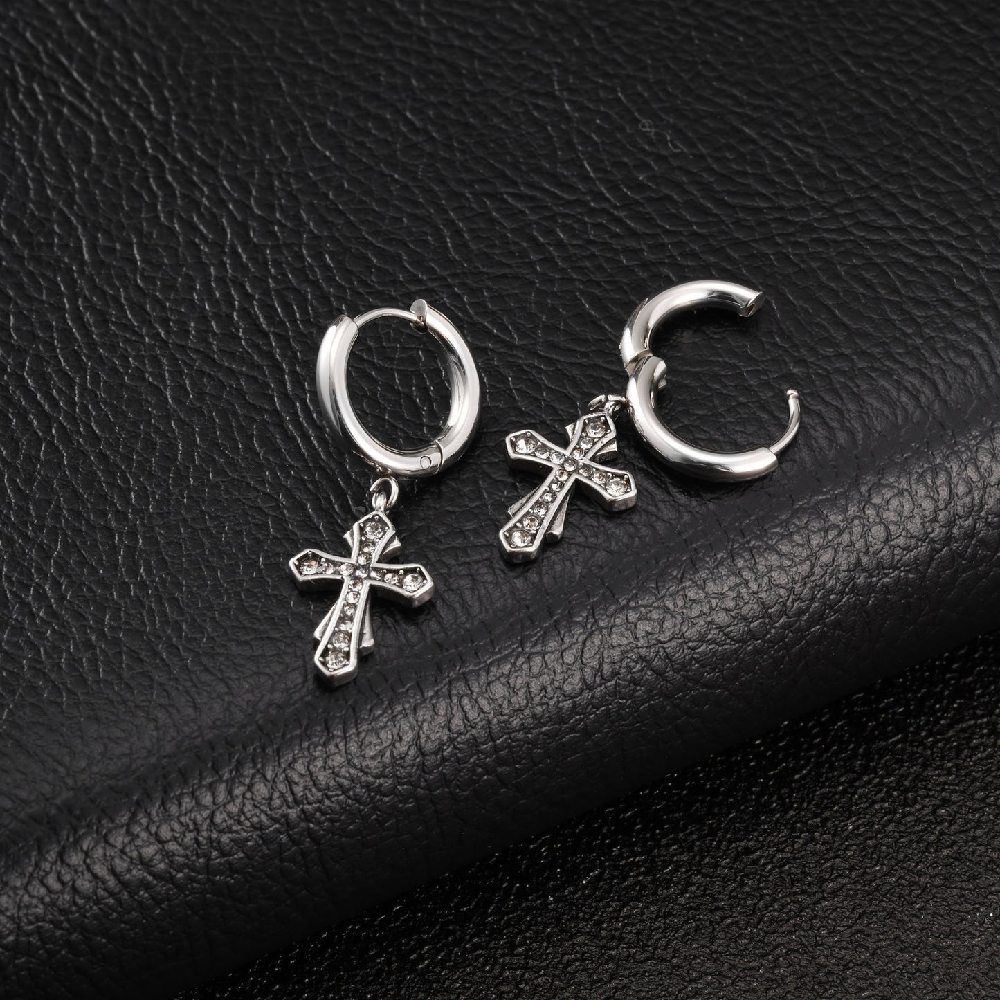 Kemstone Stainless Steel Cross Hoop Earring for Men Cubic Zirconia Inlay ED1089