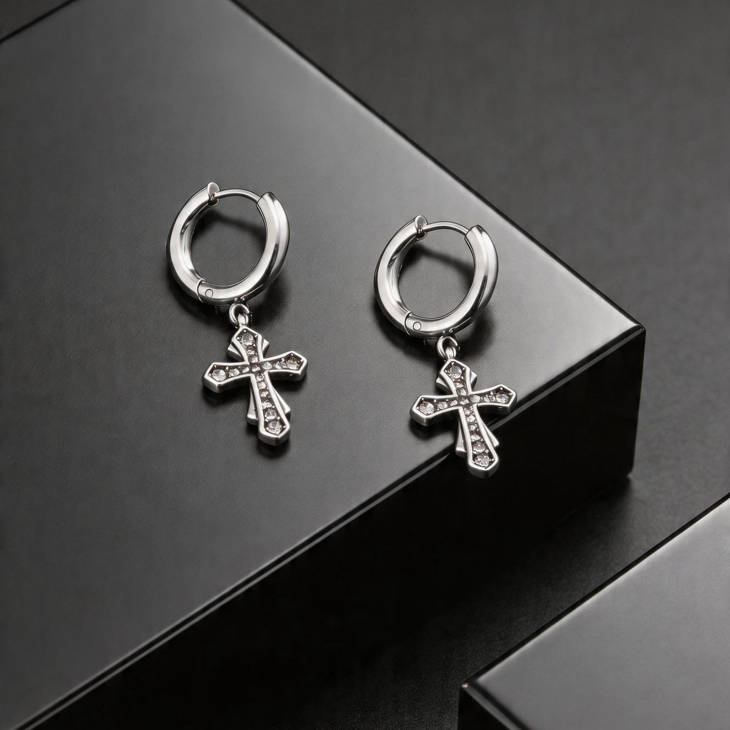 Kemstone Stainless Steel Cross Hoop Earring for Men Cubic Zirconia Inlay ED1089