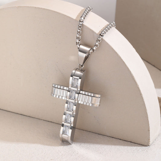 Kemstone Stainless Steel Cross Pendant Necklace for Men Square Cubic Zirconia Silver PN2058