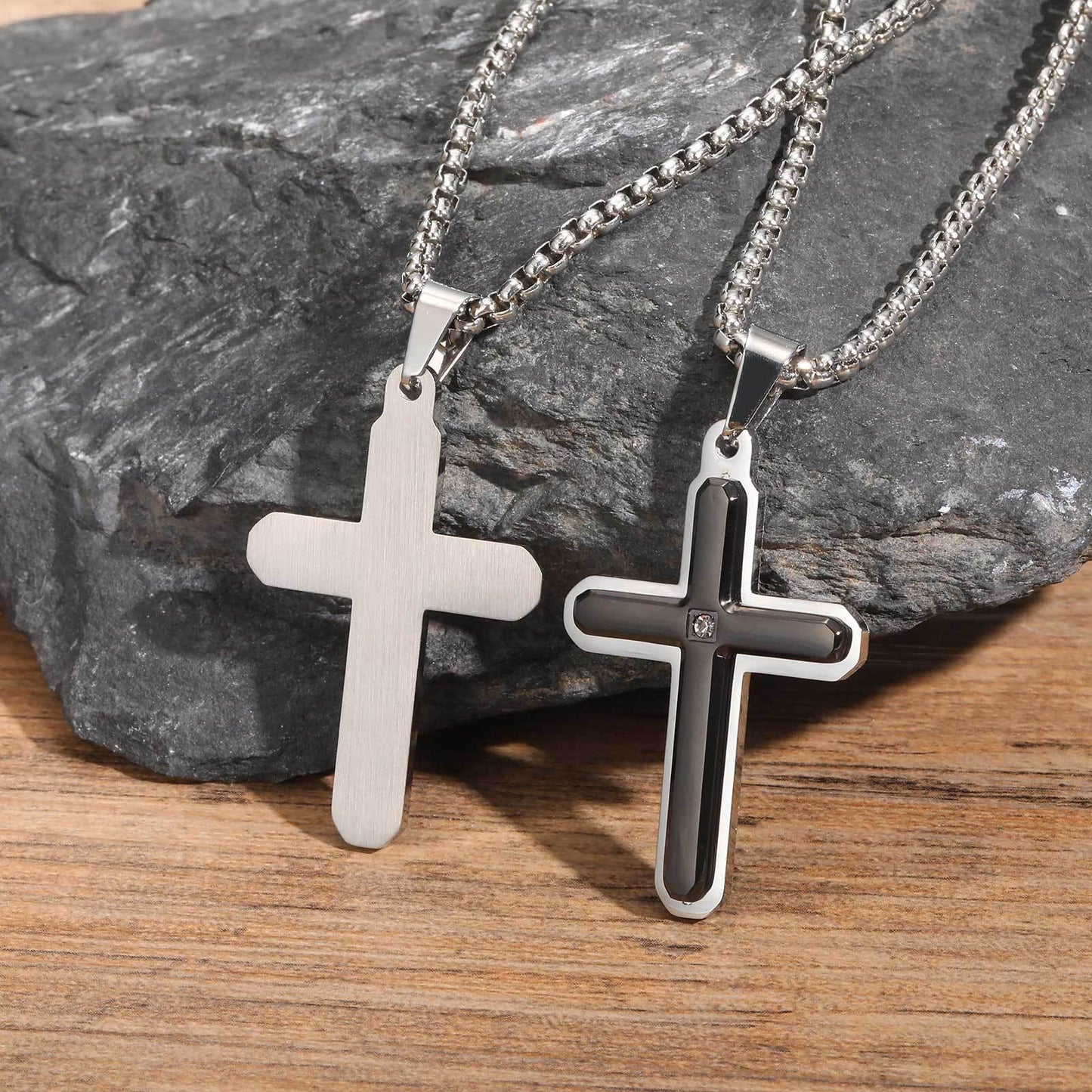 Kemstone Stainless Steel Cross Pendant Necklace for Men – Black Inlay with Cubic Zirconia PN2098