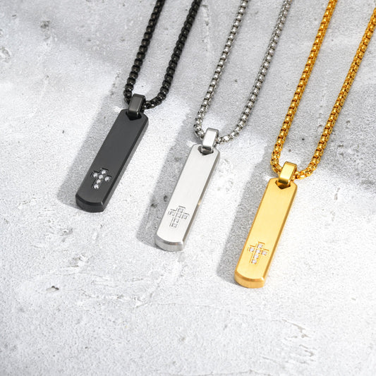 Kemstone Stainless Steel Cross Bar Pendant Necklace for Men – Cubic Zirconia Vertical Rectangle PN-2108