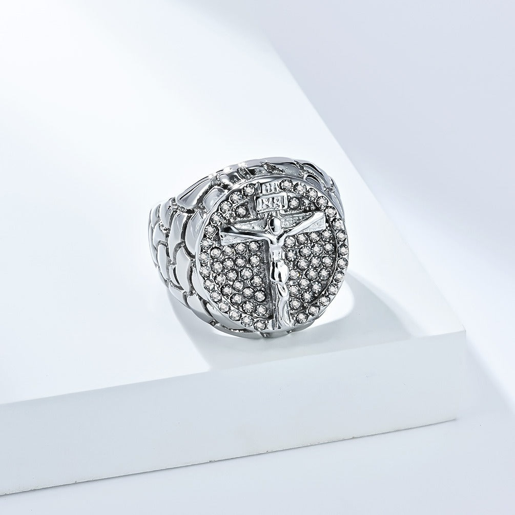 Kemstone Cross Signet Ring for Men Stainless Steel Cubic Zirconia Iced Out Gold Silver K-R1012