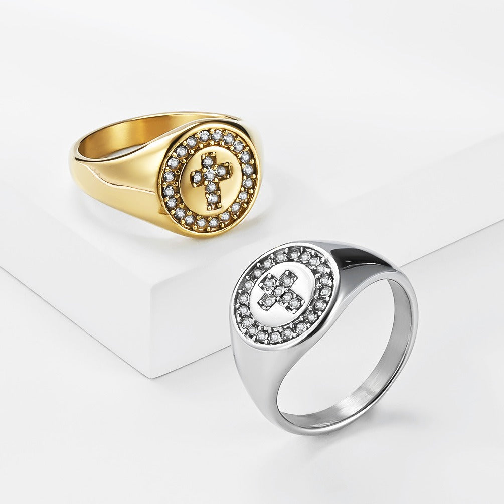Kemstone Stainless Steel Cross Signet Ring with Cubic Zirconia Halo for Men & Women Gold Silver K-R1139