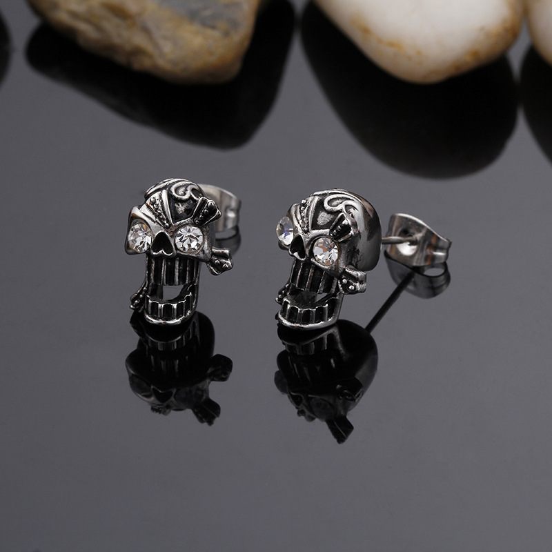 Kemstone Titanium Steel Skull Stud Earrings with Cubic Zirconia Eyes for Men KE71194