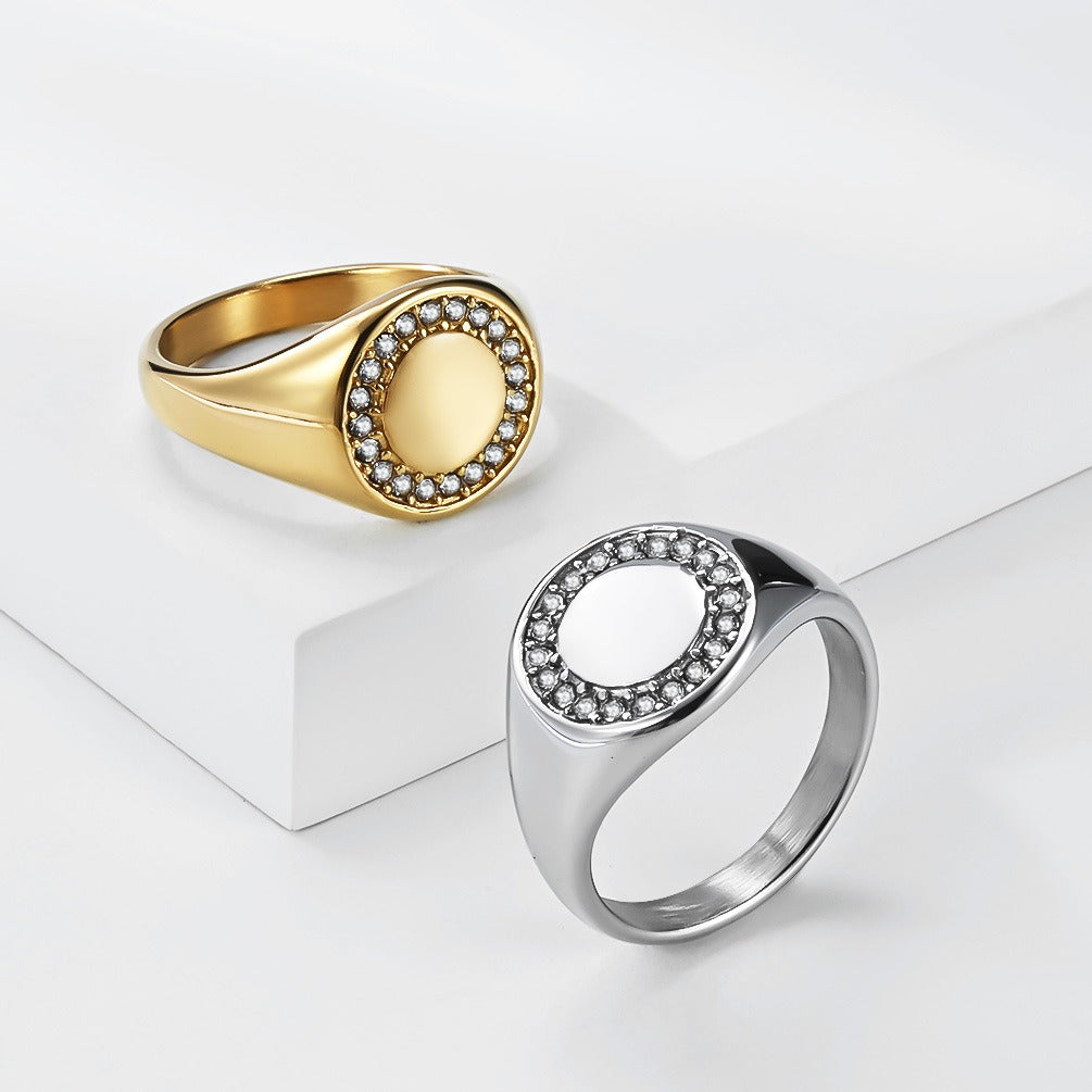 Kemstone Stainless Steel Round Signet Ring with Cubic Zirconia Halo for Men & Women Gold Silver K-R1137