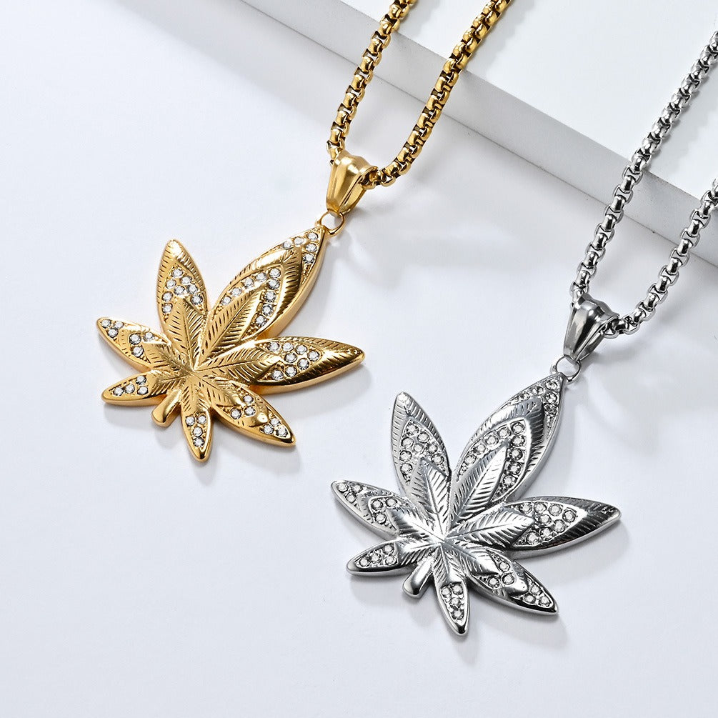 Kemstone Leaf Pendant Necklace Stainless Steel Cubic Zirconia for Men K-PT603