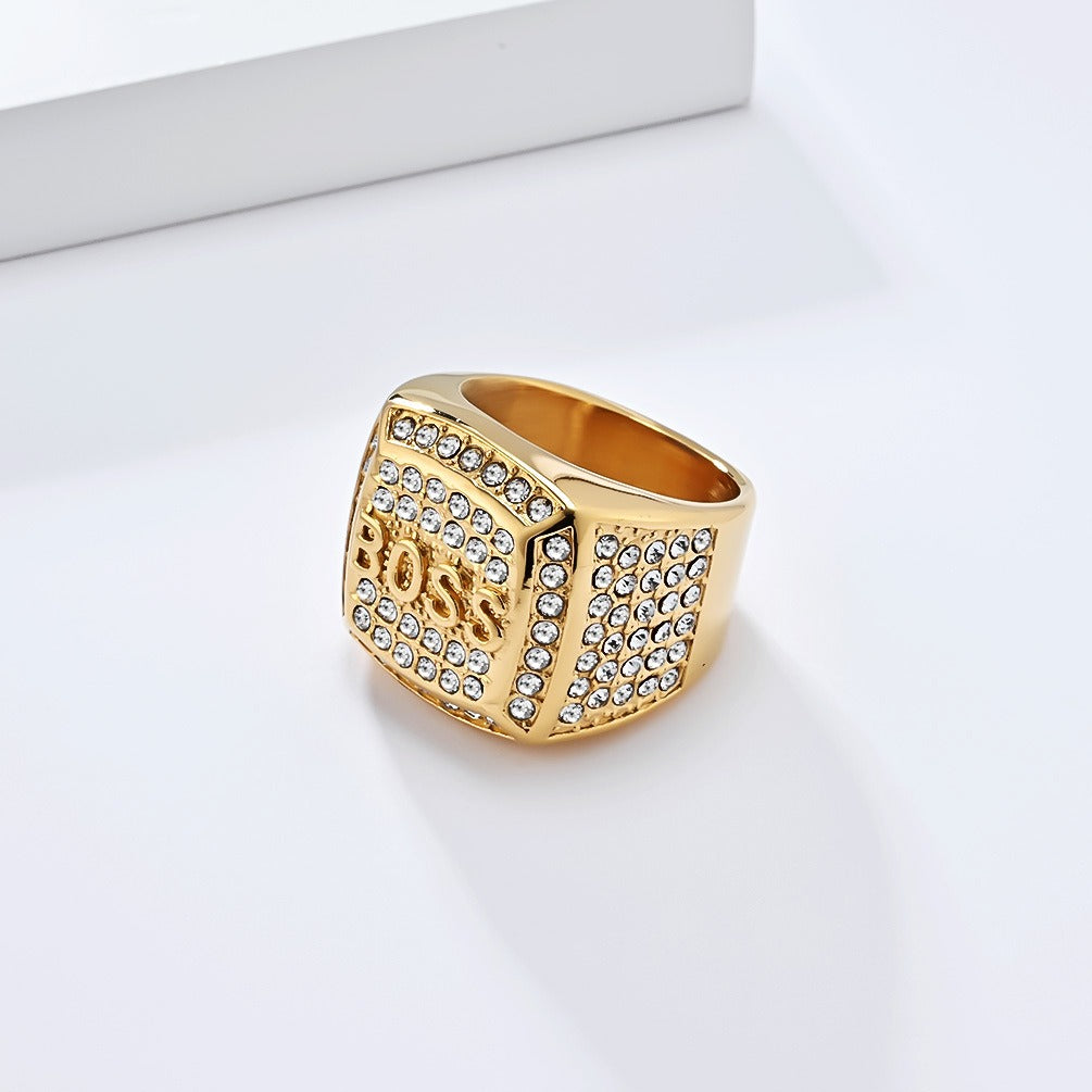 Kemstone Signet Ring for Men Stainless Steel Letter Cubic Zirconia Silver Gold K-R936