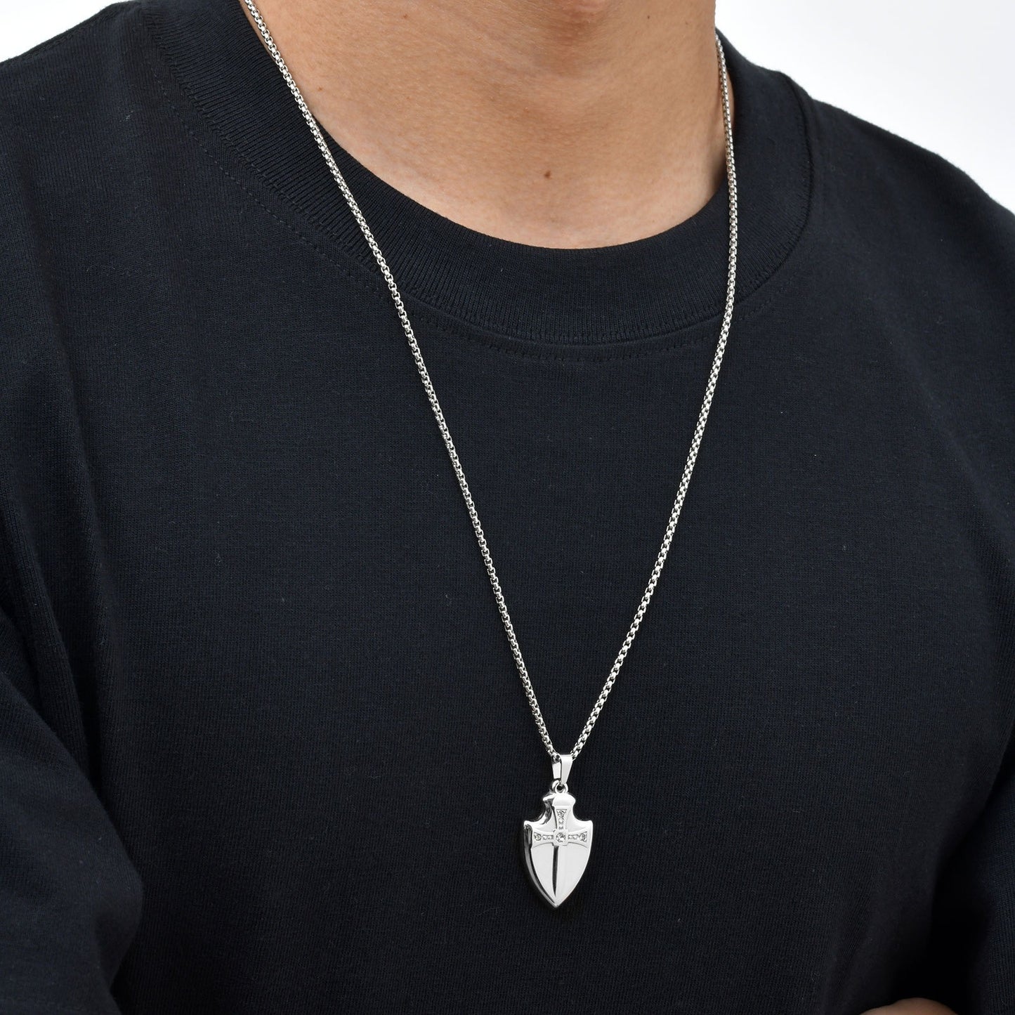 Kemstone Stainless Steel Shield Pendant Necklace for Men Cubic Zirconia Sword Design PN-2177