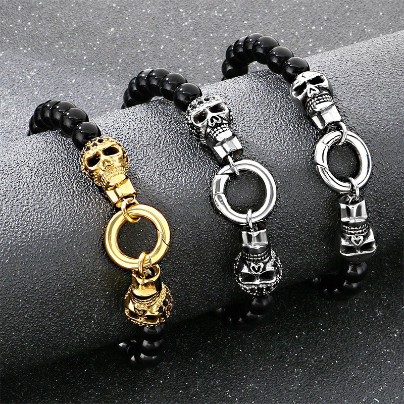 Kemstone Black Onyx Skull Bead Bracelet & Necklace – Titanium Steel with Cubic Zirconia Detail for Men B81841-BD