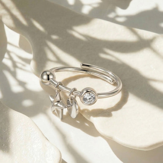 Kemstone Star Dangle Ring for Women 925 Sterling Silver Cubic Zirconia Adjustable Open Gold Silver APR47