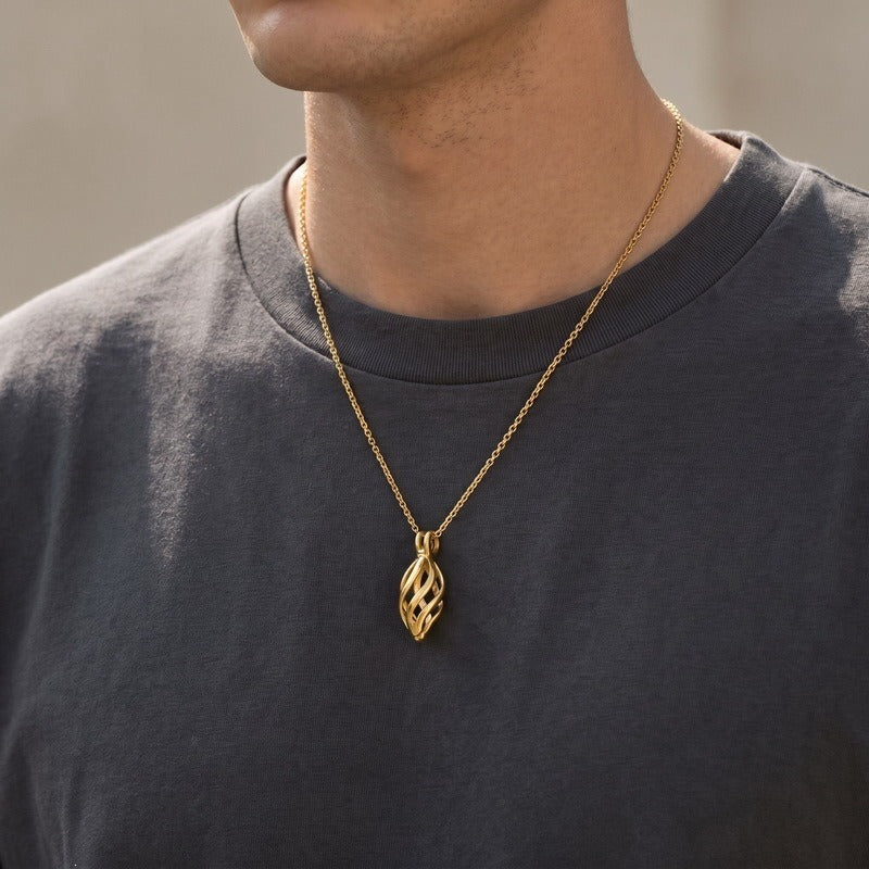 Kemston Openable Leaf Pendant Necklace for Men Stainless Steel Teardrop Design KP119649-GC