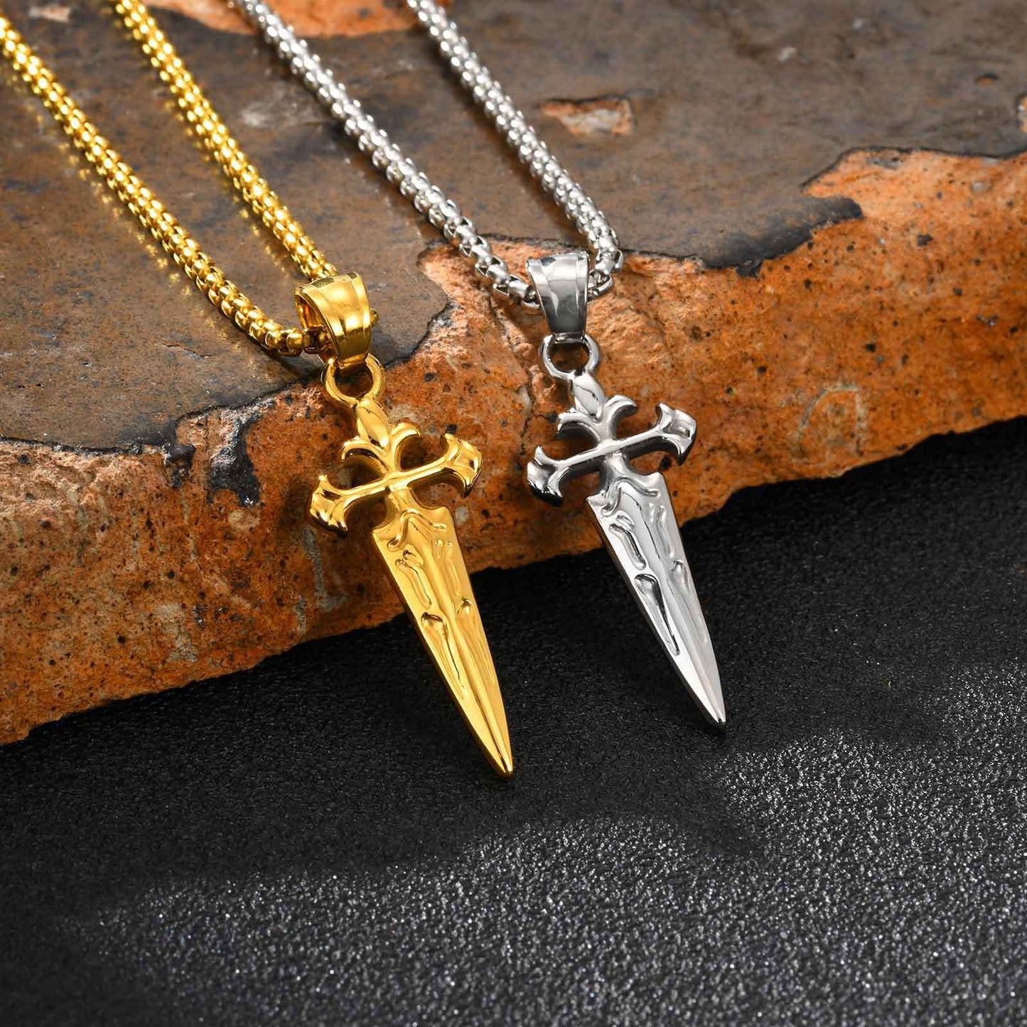 Kemstone Stainless Steel Sword Cross Pendant Necklace – Gold Silver for Men PN-2241