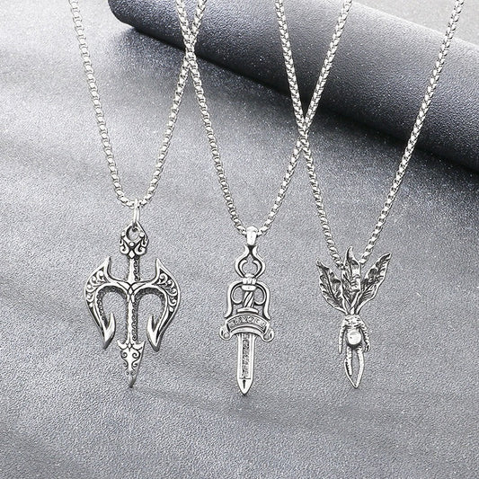 Kemstone Trident Pendant Necklace Titanium Steel Dagger Tribal Design for Men Silver KP117036-LU