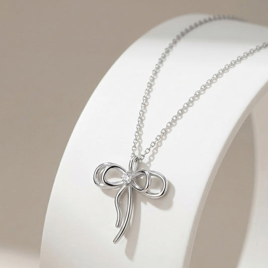 Kemstone Bow Pendant Necklace for Women 925 Sterling Silver Cubic Zirconia Dainty Gold Silver SAPN63