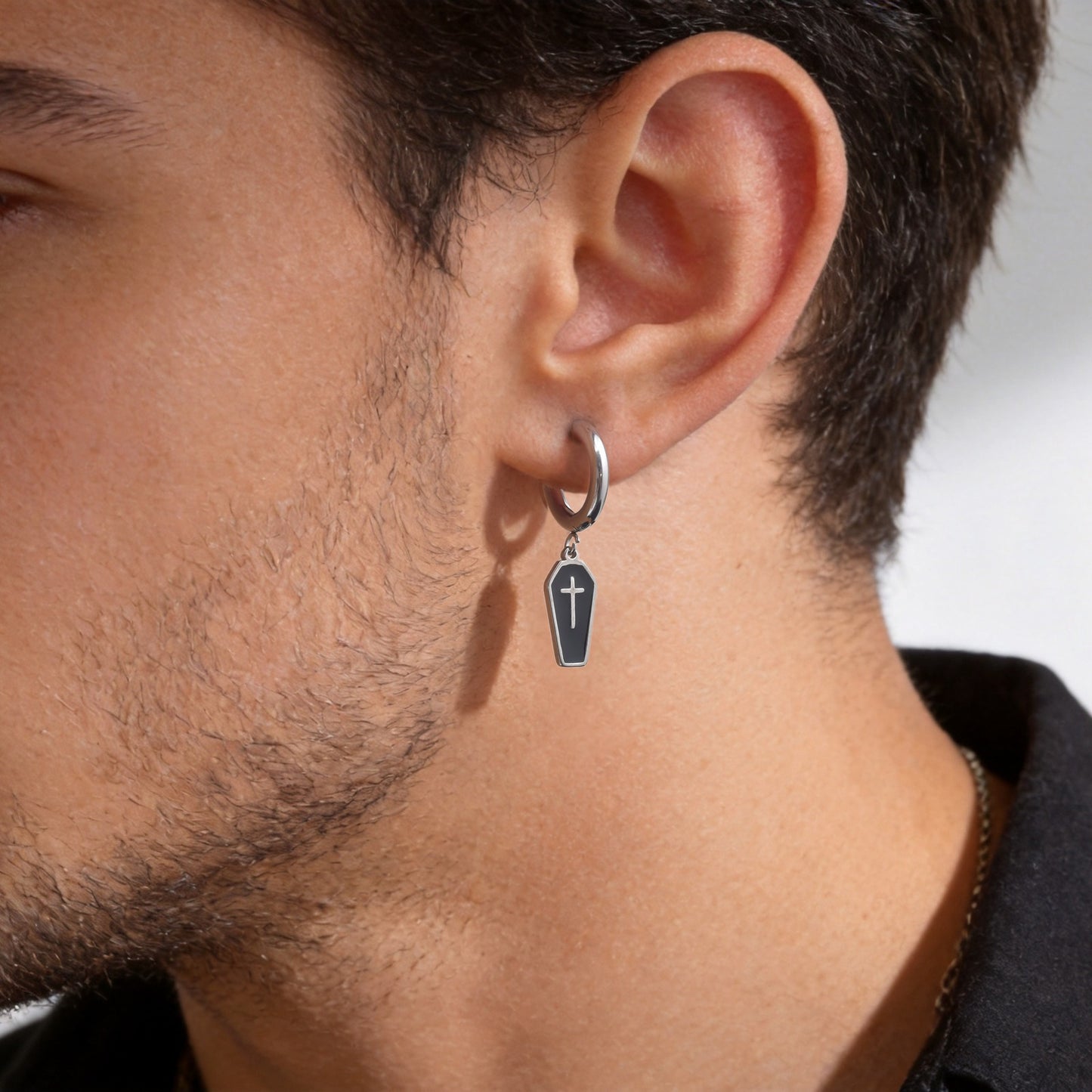 Kemstone Stainless Steel Cross Hoop Earring for Men Dark Drop ED-1090