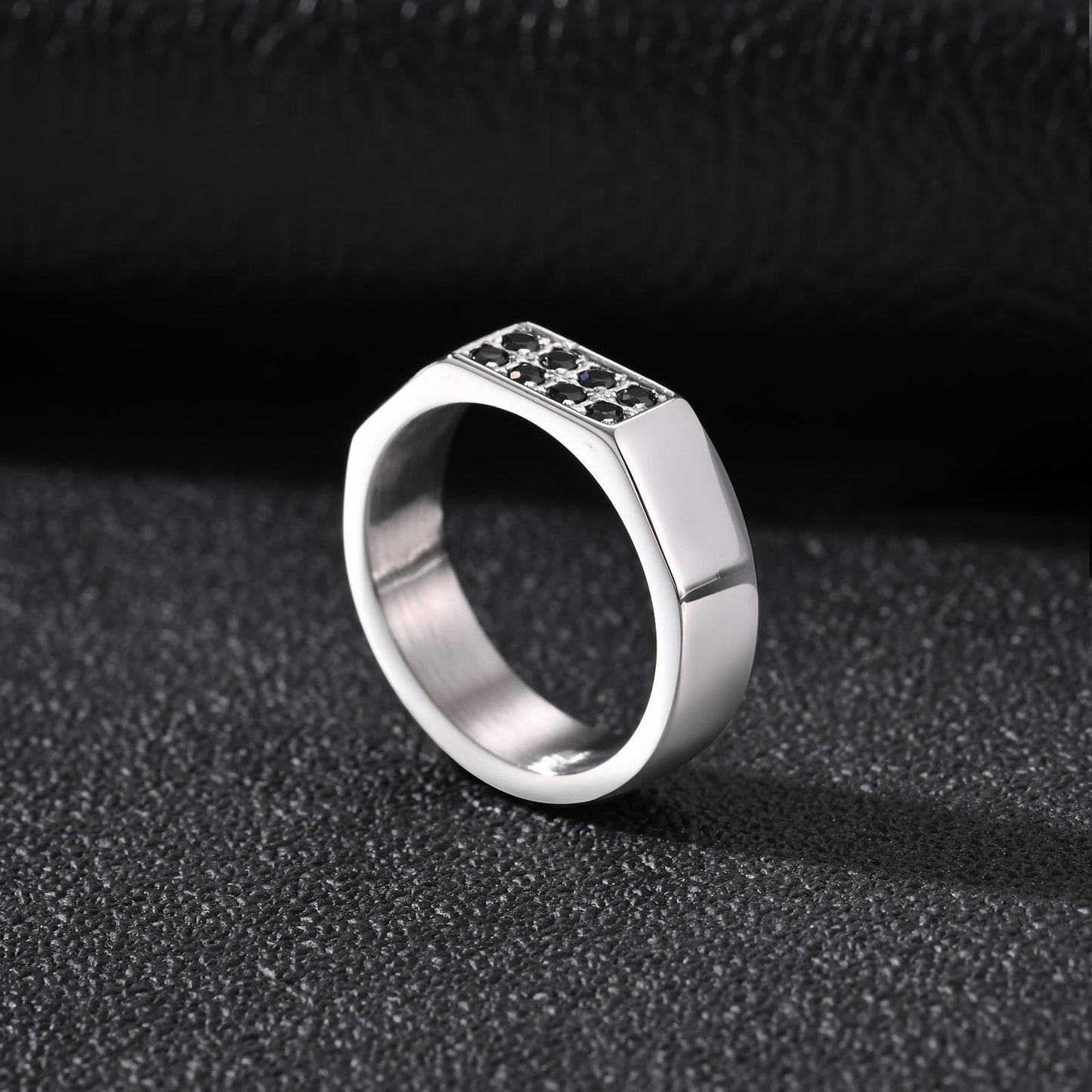 Kemston Stainless Steel Black Zirconia Ring for Men Geometric Square Design Minimal Style R-728S