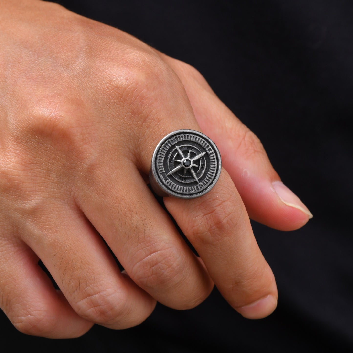Kemston Stainless Steel Compass Signet Ring for Men Vintage Dial Design RC-527GR