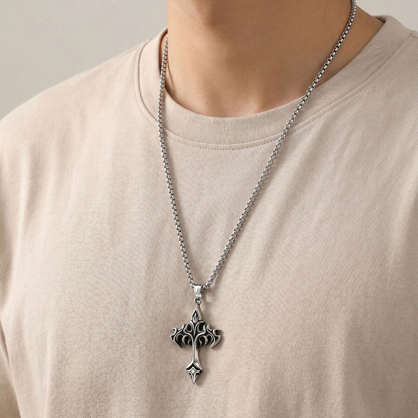 Kemstone Stainless Steel Flame Cross Pendant Necklace for Men Gothic Silver PN-2390