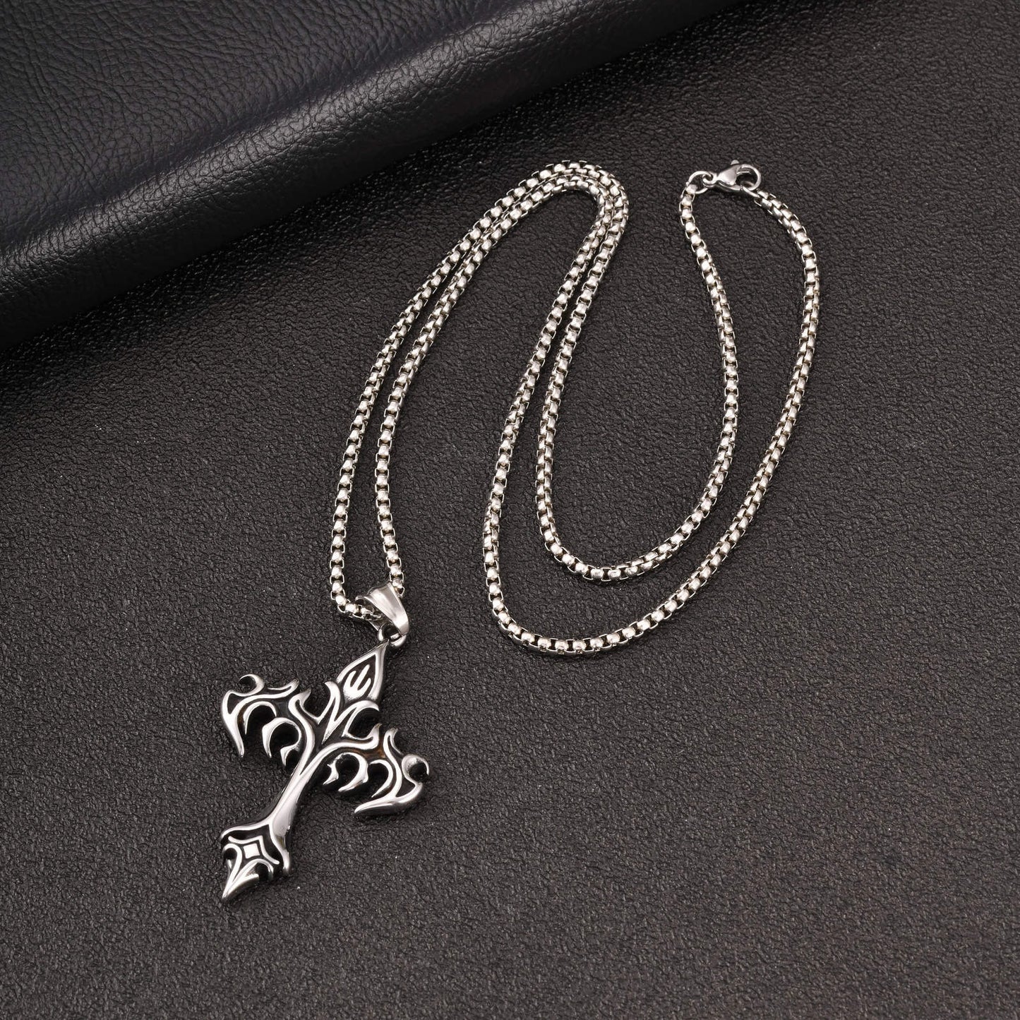 Kemstone Stainless Steel Flame Cross Pendant Necklace for Men Gothic Silver PN-2390