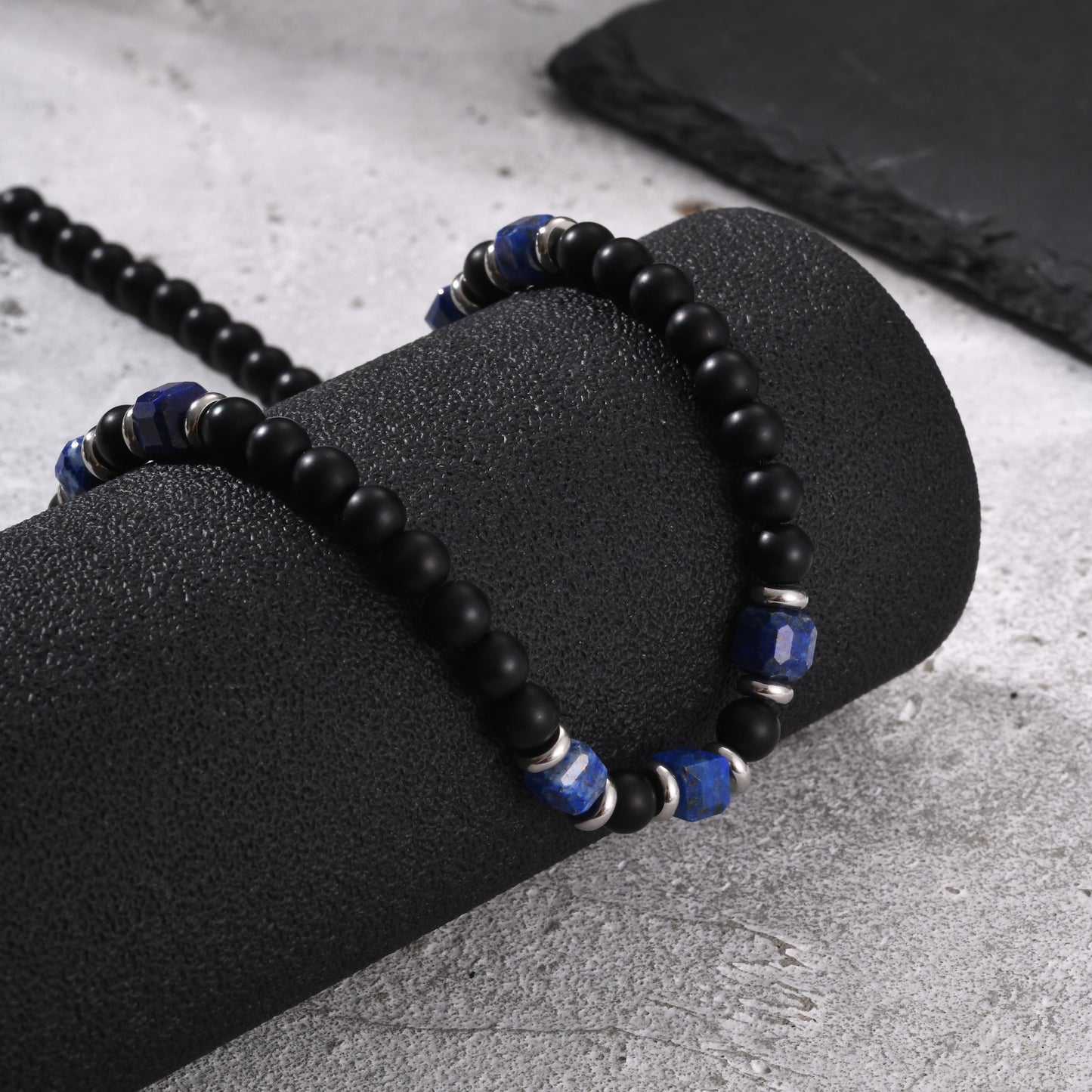 Kemston Black Agate Lapis Lazuli Beaded Necklace for Men Stainless Steel Vintage Style NC-3020