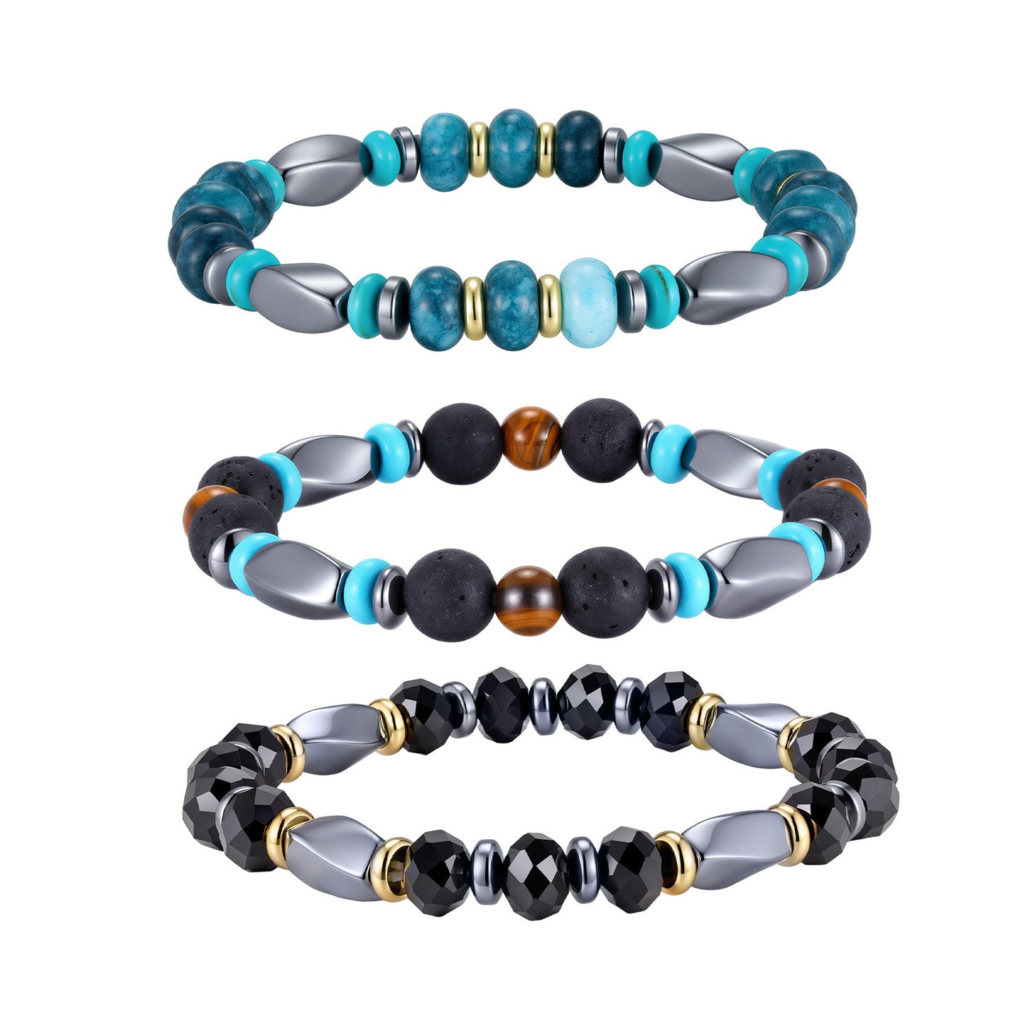 Kemstone Mixed Black Beaded Bracelet for Men Stainless Steel Spacer Stretch Chain BR-3143