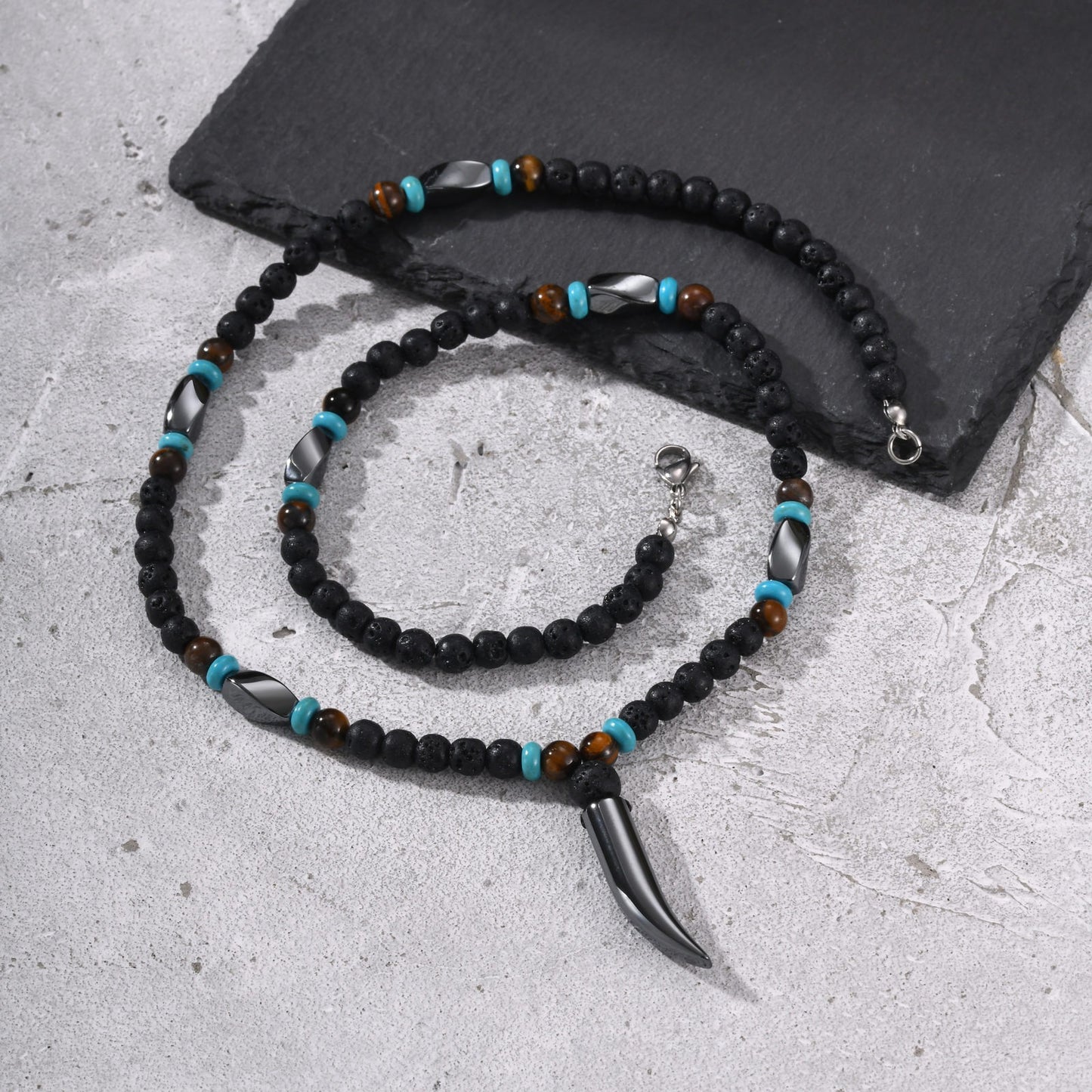 Kemston Wolf Fang Pendant Necklace for Men Stainless Steel Lava Stone Beaded NC-3019