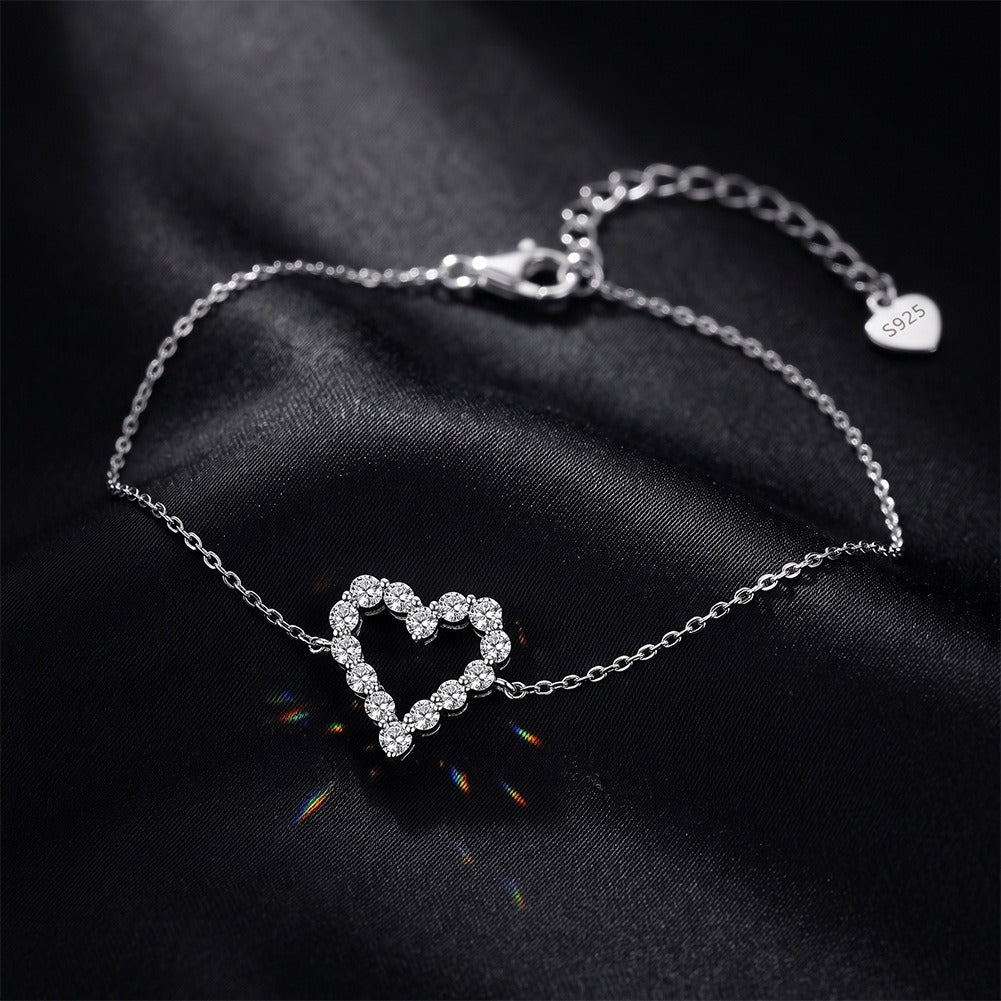 Kemston 925 Sterling Silver Heart Shape Moissanite Bracelet for Women SMOB10