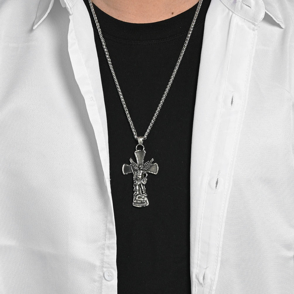 Kemstone Stainless Steel Cross Necklace for Men Angel Figure Detailed Pendant Chain Silver Gold Black K-PT706
