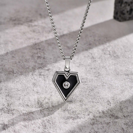 Kemstone Stainless Steel Heart Pendant Necklace for Men – Black with Cubic Zirconia