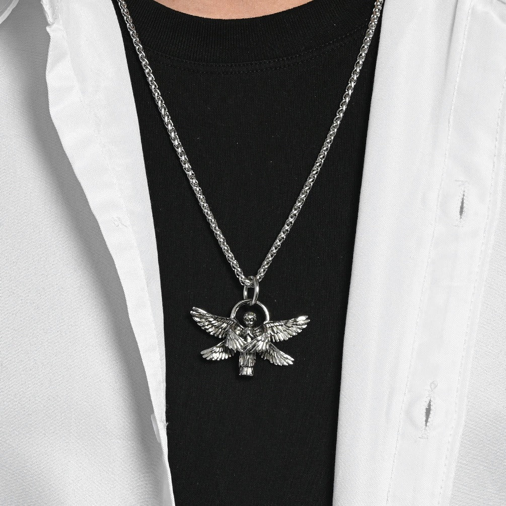 Kemstone Winged Figure Necklace for Men Stainless Steel Detailed Wing Chain Silver Gold K-PT709