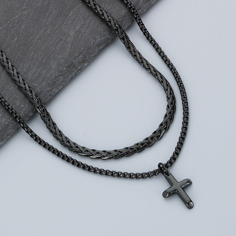 Kemstone Titanium Steel Cross Pendant Necklace for Men, Layered Box Chain Double Chain Gold Silver Black KN283141-KFC