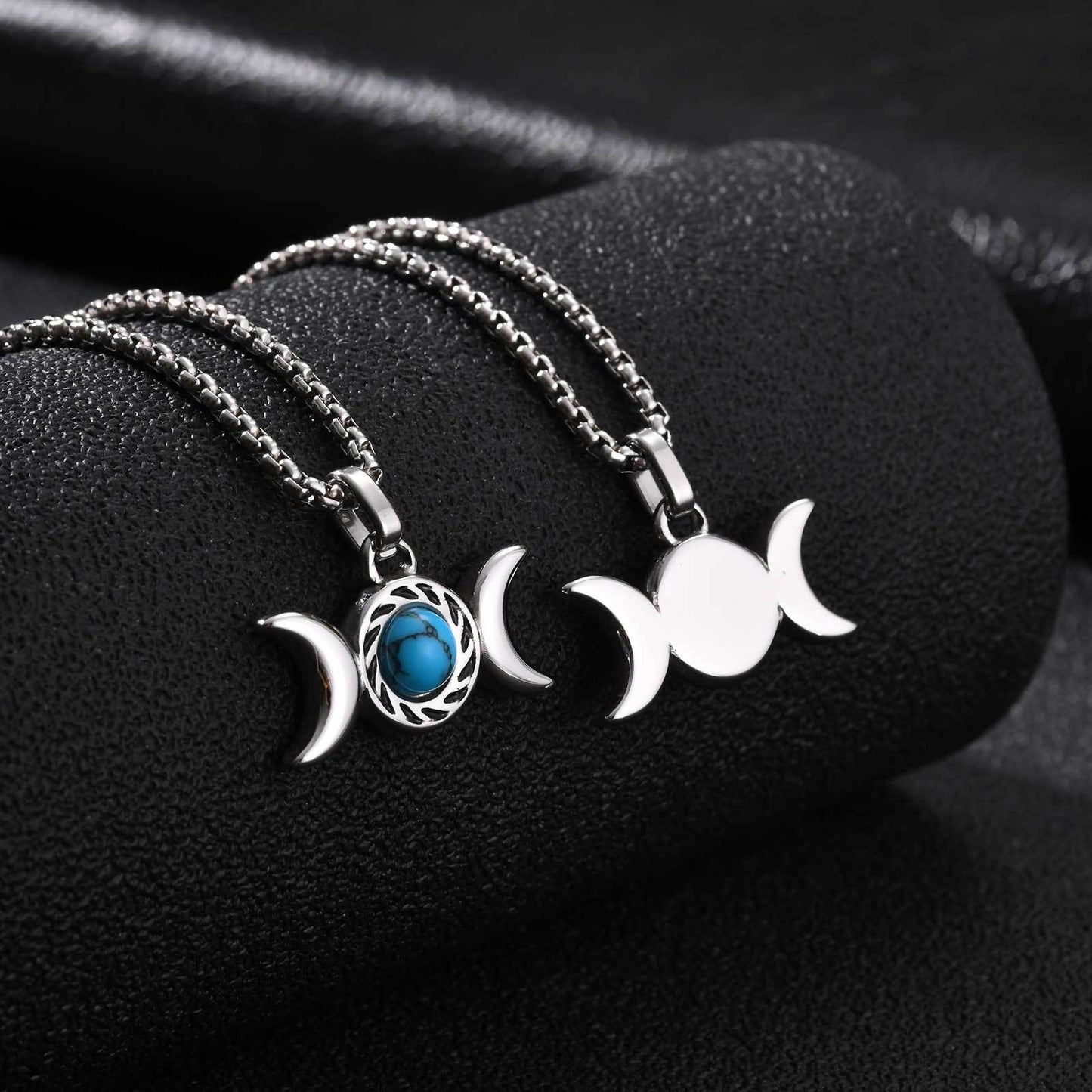 Kemston Stainless Steel Moon Pendant Necklace for Men Double Crescent Blue Stone Detail PN-2360