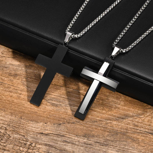 Kemstone Stainless Steel Double Cross Pendant Necklace – Layered Contrast Style PN-1973