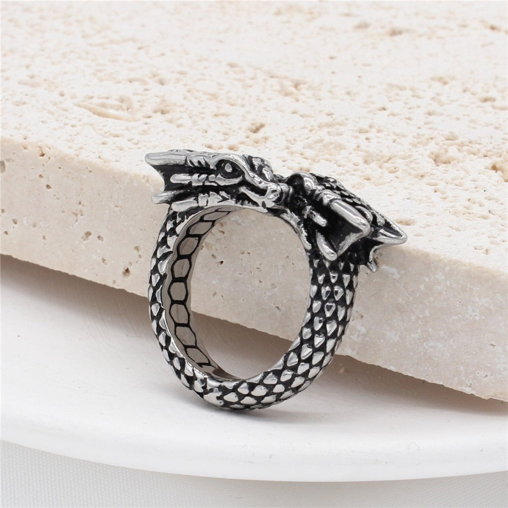 Kemstone Double Dragon Head Ring for Men Titanium Steel Vintage R1105