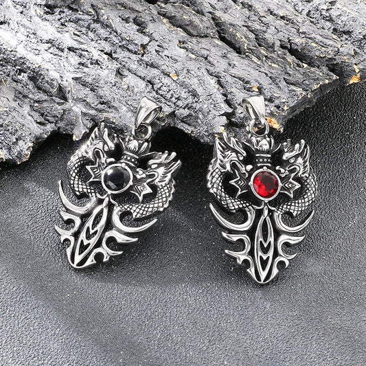 Kemstone Vintage Double Dragon Pendant Necklace Titanium Steel Sword with Cubic Zirconia for Men KP117722-LU