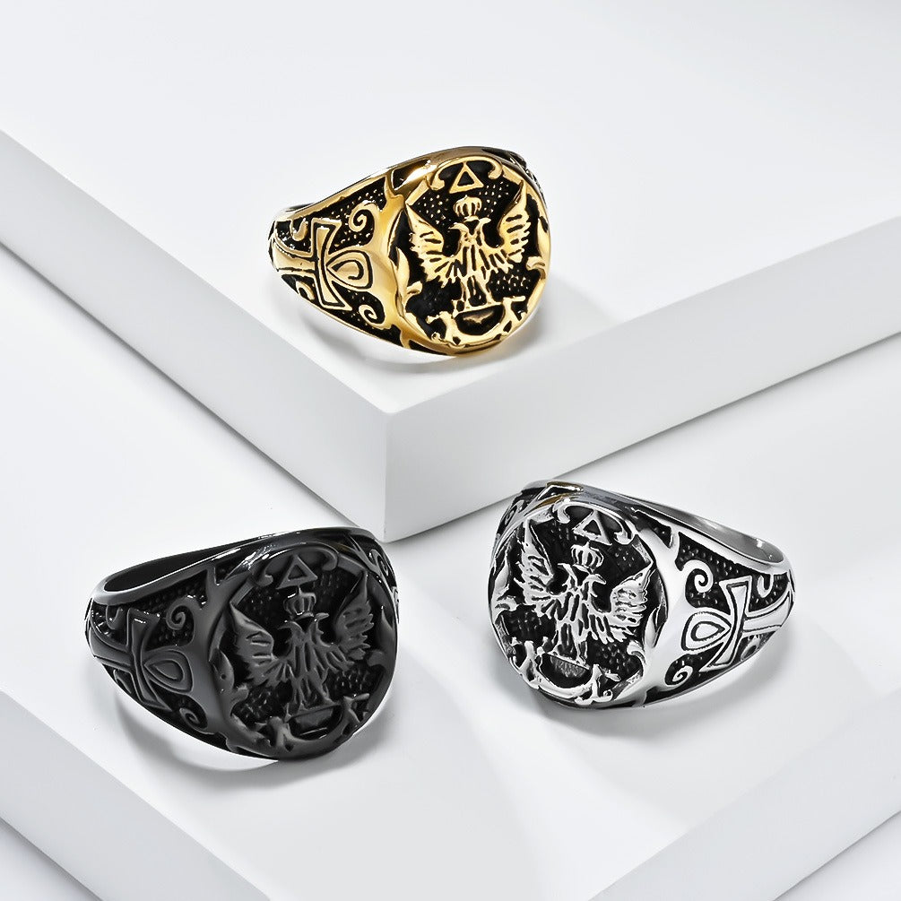 Kemstone Stainless Steel Double Eagle Signet Ring for Men Vintage Gothic Style K-R897