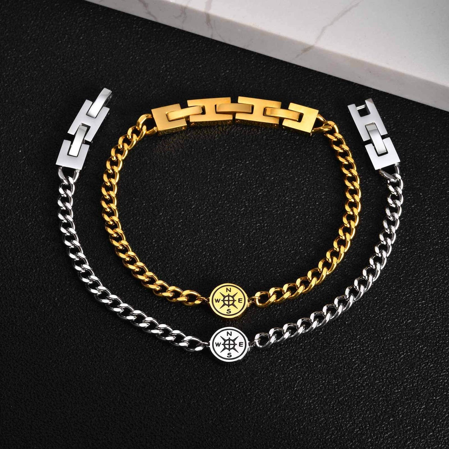 Kemstone Stainless Steel Compass Cuban Link Bracelet for Men Double H Clasp Silver BR-2210