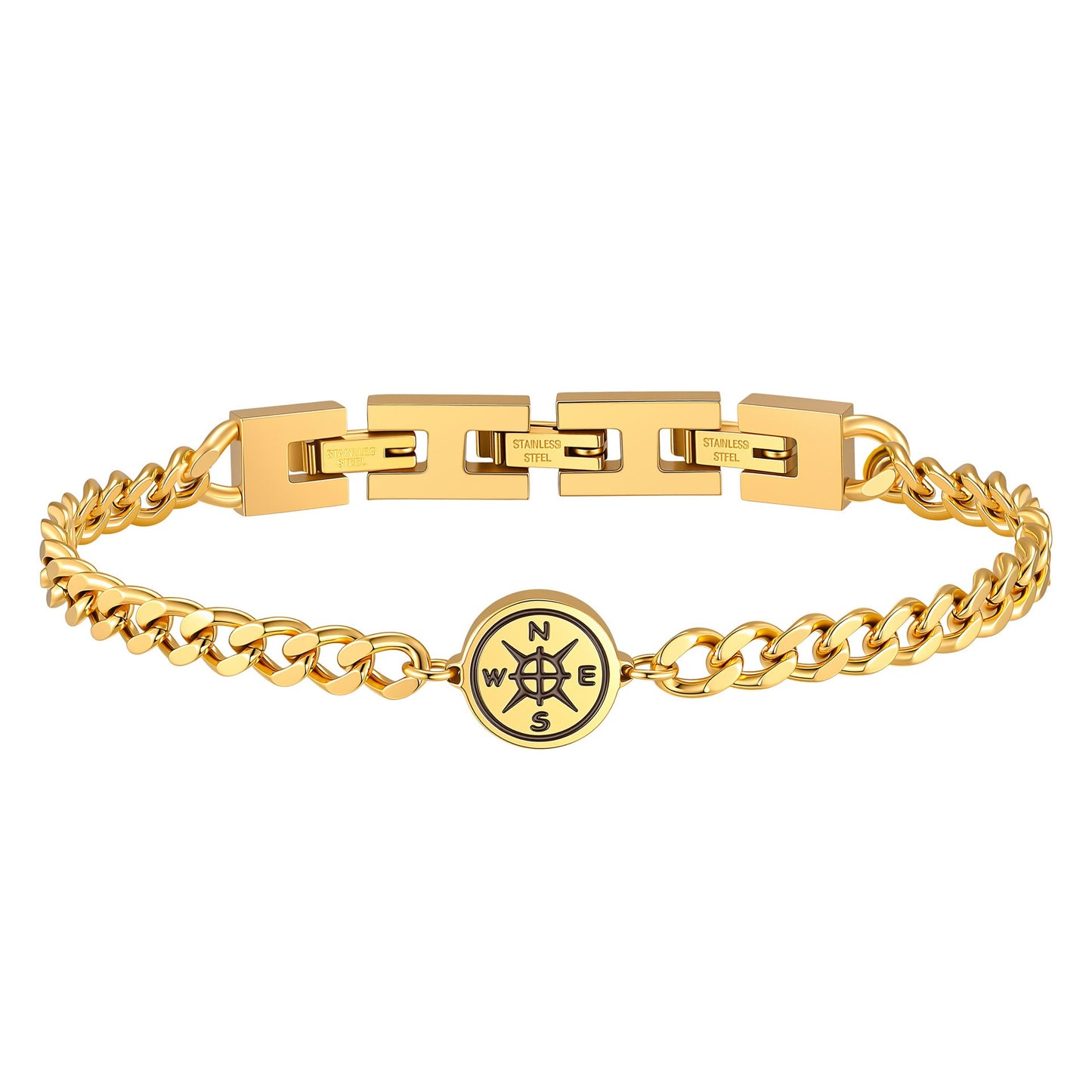 Kemstone Stainless Steel Compass Cuban Link Bracelet for Men Double H Clasp Silver BR-2210