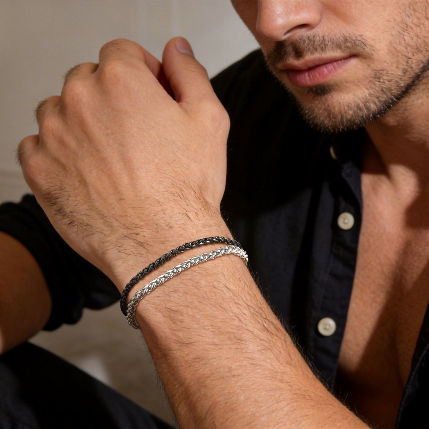 Kemstone Braided Chain Bracelet Double Layer Stainless Steel Two Tone for Men BR-2853