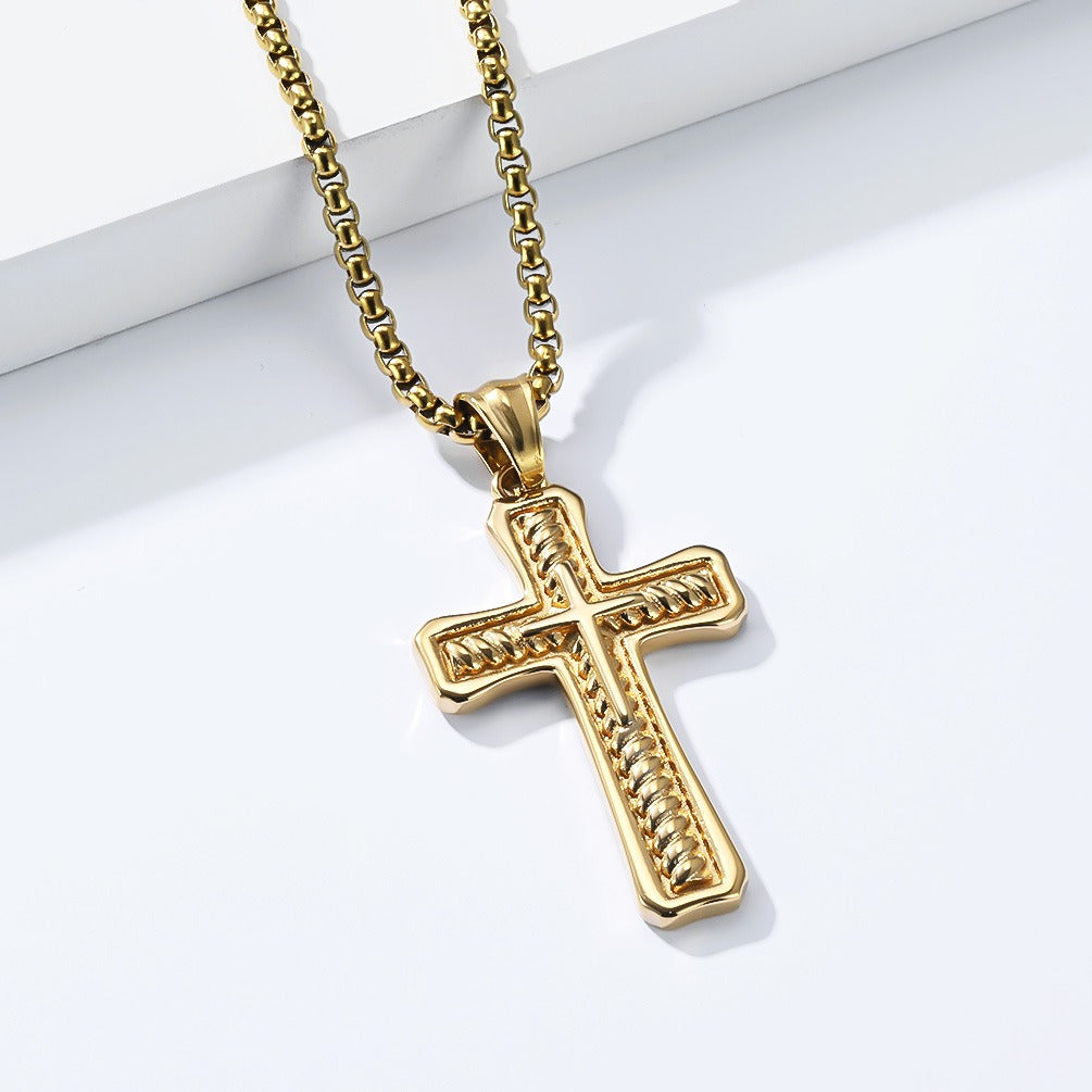 Kemstone Stainless Steel Layered Cross Pendant Necklace Rope Texture Detail for Men K-PT716