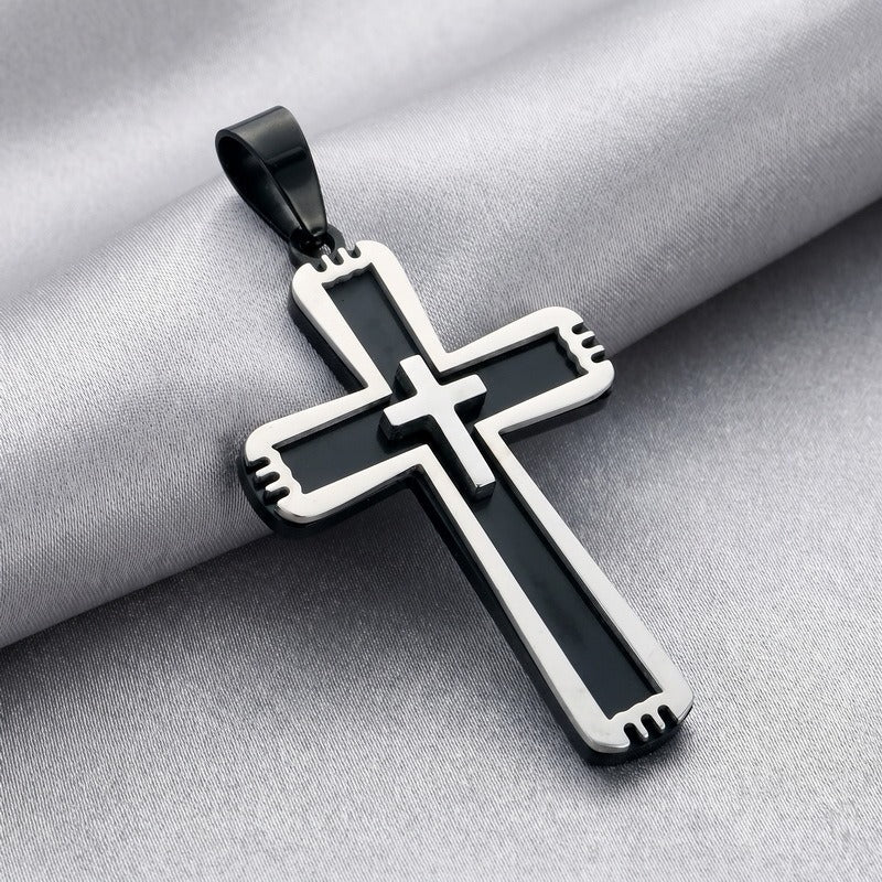 Kemston Double Layer Cross Pendant Necklace for Men Stainless Steel Inset Cross Design KP119384-KL