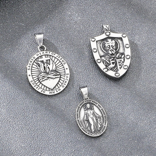 Kemstone Shield Pendant Necklace for Men Titanium Steel Double-Sided Coin Emblem Design Silver KP117715-LU