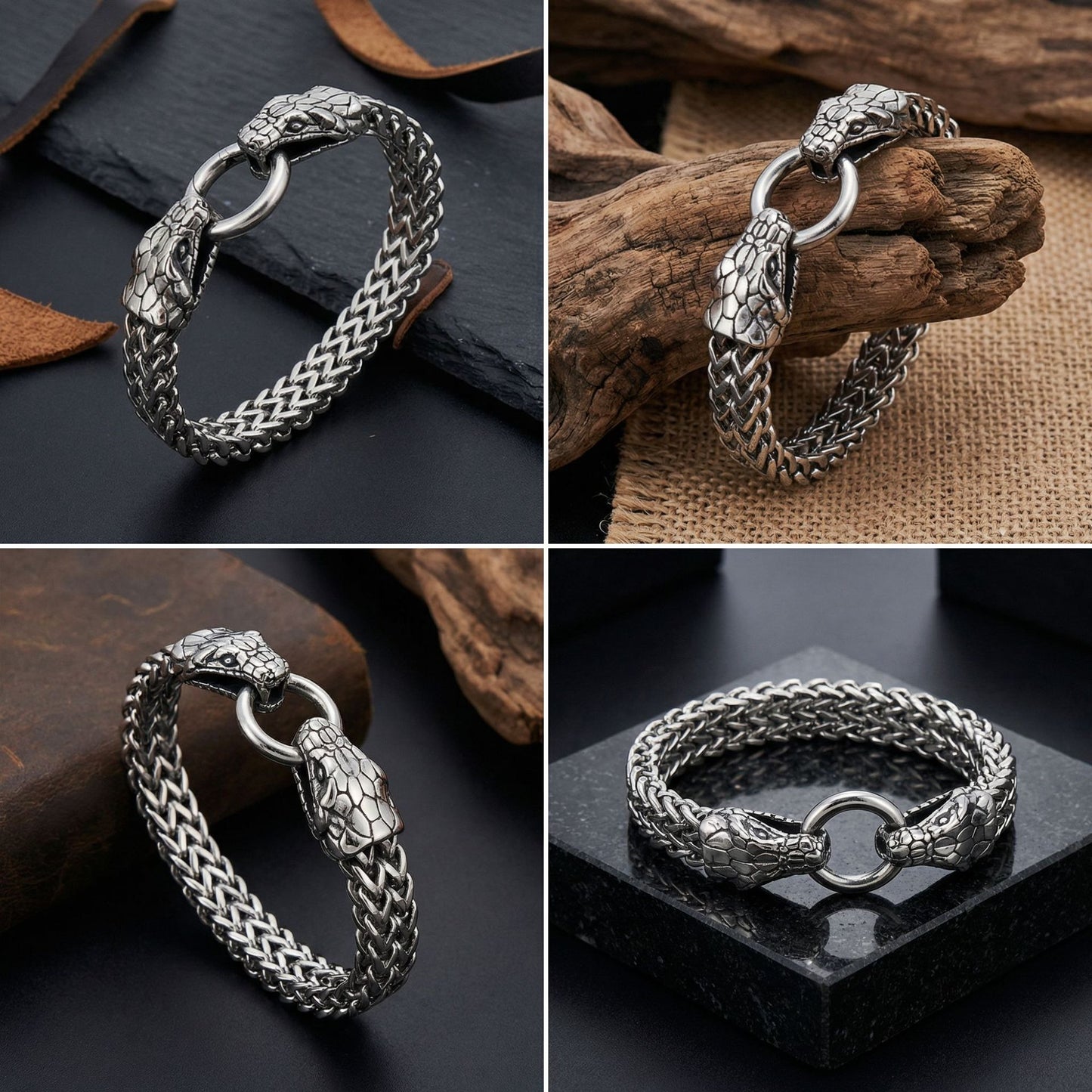 Kemstone Titanium Steel Double Snake Head Chain Bracelet Vintage Style for Men KB139889-KJX